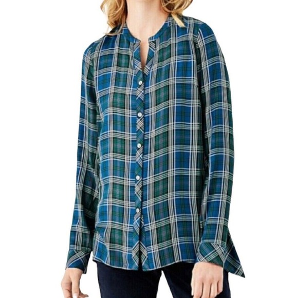 J. JILL Plaid Button-Up Tunic Shirt in Blue Green Dipped Hem Relaxed Fit - Picture 2 of 11